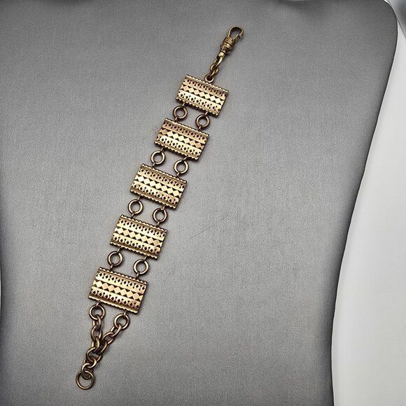 VTG Solid Copper Panel Link Bracelet 7" Geometric Cutout Designs Hook Clasp 50s - Picture 3 of 14